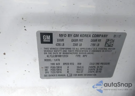 2017 Chevrolet Trax Lt из США, поврежденный, VIN KL7CJLSB1HB113124